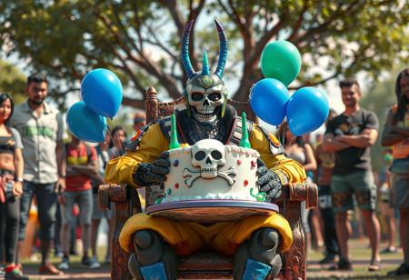 "A vibrant concept art scene of a Super Soldier Soul seated on a chair, holding a cake adorned with a skull-and-crossbones design. Surrounding him, a group of people stand, adding a lively and joyful atmosphere. The cake is decorated with blue and green balloons, enhancing the festive vibe. The setting is outdoors, with a tree in the background, creating a casual and joyful environment. Rendered in hyper-realistic 3D with Octane Render, featuring lifelike details, sharp lines, and stunning colors. The composition is balanced, with intentional focus on the Super Soldier Soul and the cake. Inspired by contemporary aesthetics and Grammer Effect Style, the scene conveys vivid emotions and a powerful message. Trending on ArtStation, 8K, ultra-detailed, and impeccably composed."