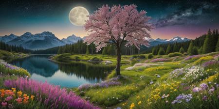 masterpiece, best quality, ultra-detailed, realistic, 8k, a pine tree, flowers fields, many kinds of flowers, a couple of rabbits on very distant, lakes, meadows, glitter, moonlight, out-of-this-world scenery, lifelike, naturalism, greatest naturalism photo, immaculate detailed realism photography, rich colors, best colors perfect composition, perfect colors, colorful, clear photo, intrigue nature panorama, delicate nature photo, immaculate micro-details nature elements, out-of-this-world scenery, landscape, flowers, crystal fantastic, breathtaking beautiful nature, unmatched beauty nature, more nature elements, rich nature elements, aesthetic, artistic style, surreal, insanely lifelike, top best naturalism photography, greatest detailed, intricate details, depth of field, no human, detailerlora,