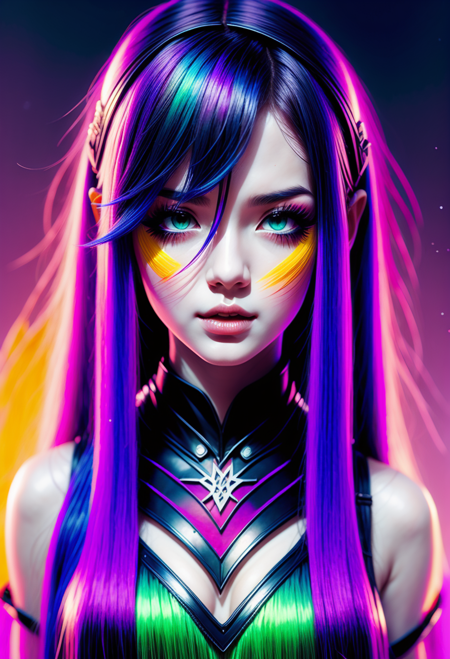 1 Girl, rainbow girl, gradient hair, <lora:Gradient-02:1> <lora:MoosMST1:1>, Demon Girl, Sexy Girl, Comic Art, Dramatic, Obscure, Chocker,