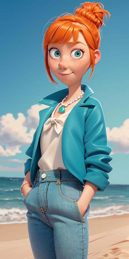 1girl, Orange hair in a bun, green eyes, slight smirk, freckles on cheeks, thin eyebrows, white necklace with a bow, teal jacket, pale skin, standing, cartoon, (pixar:1.2), Lucy Wilde, ocean, sand,  sun, <lora:Lucy_Wilde:1>, long nose, bangs, jeans,