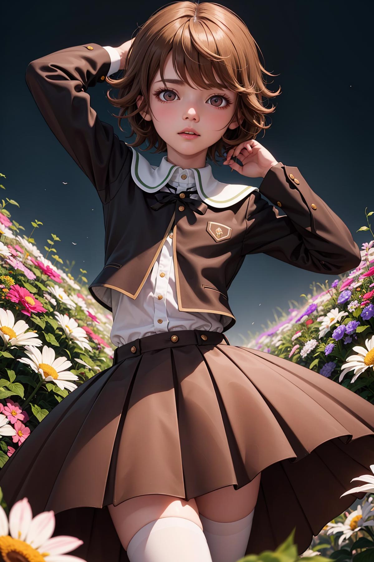A young girl wearing a brown jacket and skirt, posing in a field of flowers.