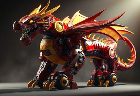 The image showcases a detailed, full-body view of a menacing red and yellow Stronghold the Moving Fortress robot, designed in the shape of a dragon with a super detailed face, eyes, clothes, and intricate armor. It has two arms, two legs, and is standing on wheels, ready for dynamic action. The composition is stunning, with captivating lighting, sharp lines, and vibrant colors, conveying a powerful message in a contemporary aesthetic. The relative position of the creates a sense of depth and movement, making it perfect for trending on Artstation and CGSociety. The level of detail, from the gleaming armor to the textured scales, is exceptional, making it ideal for 4K wallpaper or high-quality renders such as Octane or Unreal Engine 5. The image's mood is epic and cinematic, reminiscent of concept art from Riot Games or Blizzard, making it an excellent inspiration for artists, animators, and game developers.