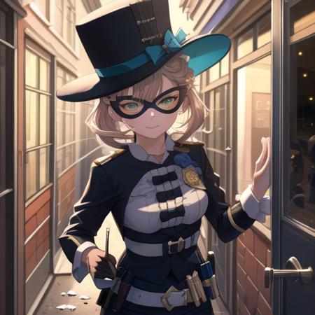 (masterpiece, top quality, best quality, beautiful, and aesthetic:1.2) lapi5, 1girl, fleeing crime scene, slight smile, night time, broken glass, robbery, crime scene, mask, hat <lora:lapisproject1-10:.8>