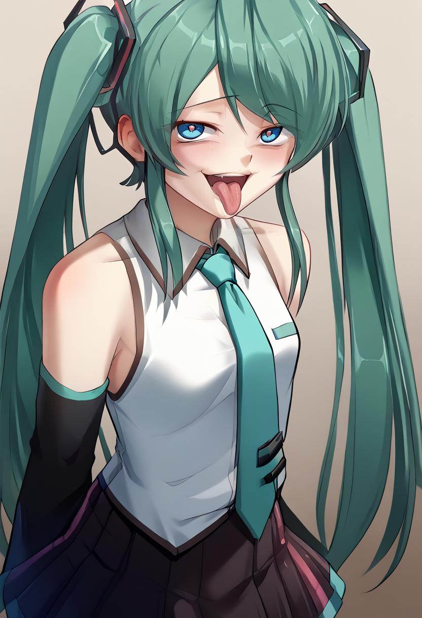 score_9,score_7_up,source_anime,zPDXL2,bedroom BREAK
<lora:arisav32:1>ar1sa,1girl,solo,long hair,looking at viewer,blue eyes,(green hair),twintails,zettai ryouiki,head tilt,yandere,tongue,aroused,laughing,crazy eyes<lora:EbiblueXL:1>ebiblue<lora:hatsune-miku-cosplay-ponyxl-lora-nochekaiser:1>hatsunemikucosplay,hatsune miku \(cosplay\),aqua necktie,black skirt,black sleeves,boots,collared shirt,detached sleeves,grey shirt,necktie,pleated skirt,shirt,skirt,sleeveless,sleeveless shirt,thigh boots,tie clip,upper body,