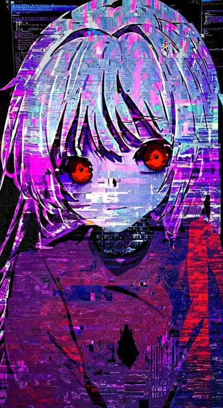 <lora:nfxlyria:1> nfxlyria, anime, glitch, glitchcore woman white hair red eyes