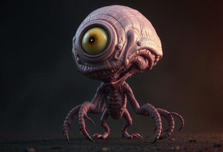 "8K UE5/Octane render of a grotesque humanoid monster: oversized pink head with glowing yellow iris, tiny body, starfish-like pose. Advanced Dark backdrop highlights nanite-geometry textures (veiny skin, clawed limbs). Cinematic lighting (warm key/cool rim) accentuates cartoon-horror contrast. Post-processed with Kodak grain, chromatic aberration, and Grammer Effect color grading. Tags: #CharacterDesign #DarkFantasy #ConceptArt."