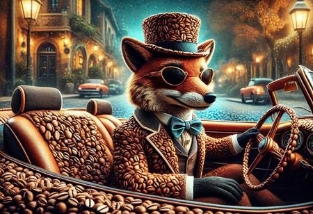 digital painting of a made of Coffee beans, cute fox in suit and bowtie, top hat and cutting edge sunglasses,  entirely made of retro sophistication texture, driving a convertible car, whimsical and magical atmosphere, soft lighting, highly detailed and stylized, concept art for a vintage charm-themed universe