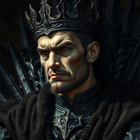 A cruel handsome king sits on a jagged, obsidian throne, face twisted in a dour scowl. head tilted, looking to the side, His obsidian crown glints under cold, directional light. Close-up portrait, semi-realistic, sharp features, intense gaze. Gothic mood, dark fantasy, regal and menacing. High-detail skin texture, ornate metalwork, shadowed background.