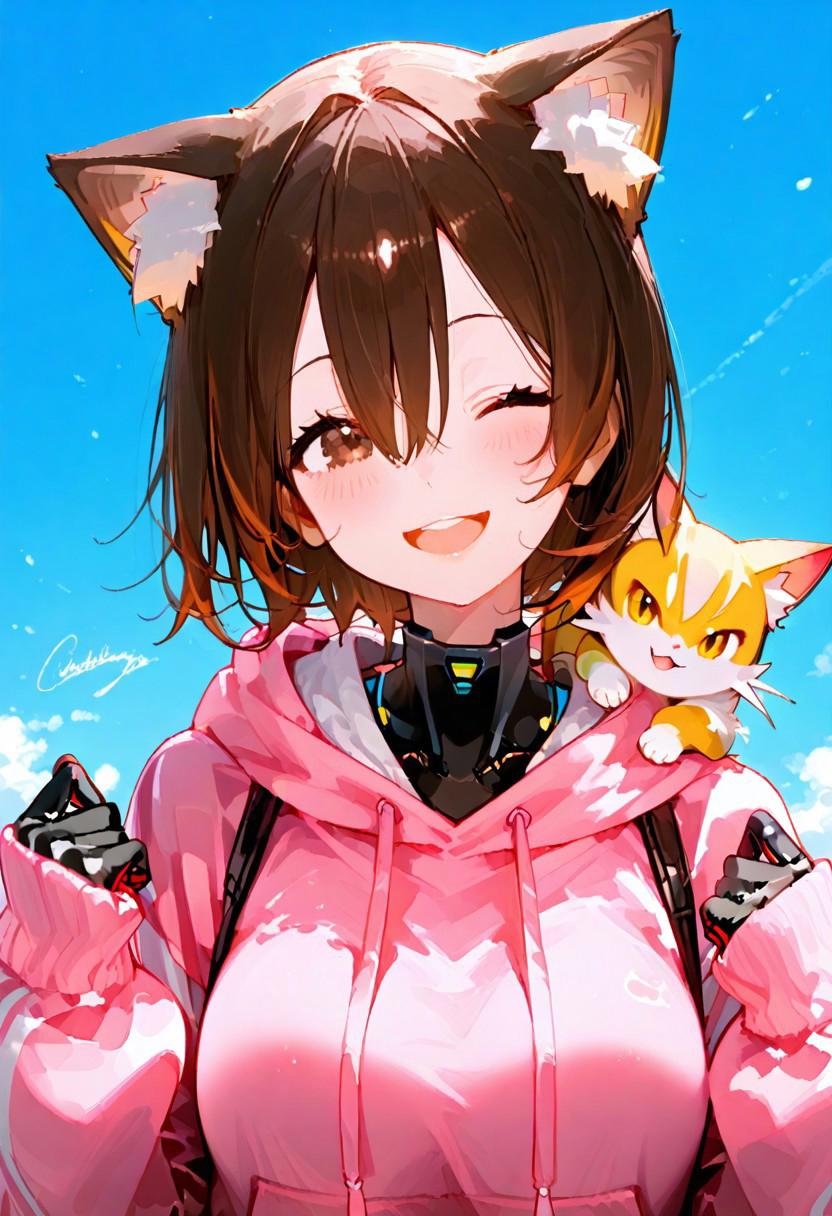 <lora:RELHSDXLSTYLE:1>, best quality, masterpiece, RELHstyle, 1girl, breasts, looking at viewer, blush, smile, short hair, open mouth, bangs, brown hair, gloves, long sleeves, holding, animal ears, hair between eyes, brown eyes, medium breasts, upper body, one eye closed, black gloves, virtual youtuber, cat ears, signature, hood, animal ear fluff, head tilt, sleeves past wrists, hands up, pokemon \(creature\), hoodie, upper teeth only, hood down, ;d, crossover, android, drawstring, mechanical arms, on shoulder, pink hoodie, pokemon on shoulder, roboco-san