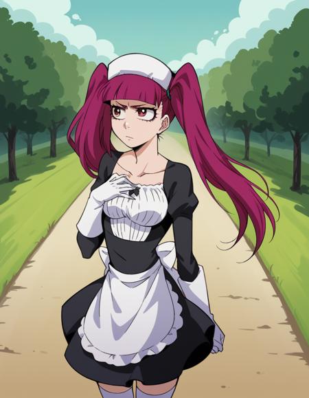 <lora:riruka-dokugamine-anime-ponyxl-lora-nochekaiser:1>, riruka dokugamine, long hair, twintails, red eyes, purple hair, bangs, blunt bangs, thighhighs, hat, maid, long sleeves, gloves, dress, black dress, skirt, black skirt, collarbone,