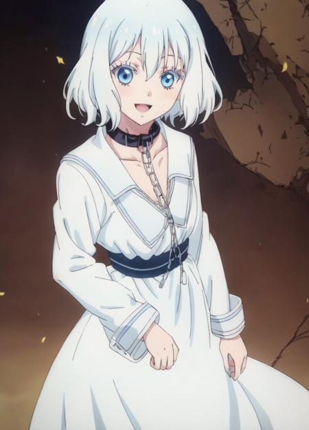 <lora:niehime_to_kemono_no_ou:1>, Sariphi, 1girl, white hair, short hair, solo, blue eyes, chain, dress, open mouth, collar, looking at viewer, anime coloring, white dress, smile, long sleeves, cuffs, collarbon, <lora:Masterpiace:1>