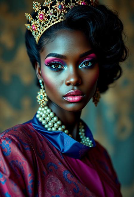 Super High-Fashion-Fotografie einer dunkelhäutigen melanin Königin mit aufwendigem Make up und Kleidung in Ocker, Fuchsia und blau, vertikal und in Nahaufnahme mit einem 35-mm-Weitwinkelobjektiv aufgenommen, Vintage-Stimmung mit Kodak-Goldfilm für Farbabzüge, traditionelle Modefotografie, physische Welt hyperrealistisch, ultrarealistisch, Ambient Occlusion, globale Beleuchtung, Modekonzeptfotografie