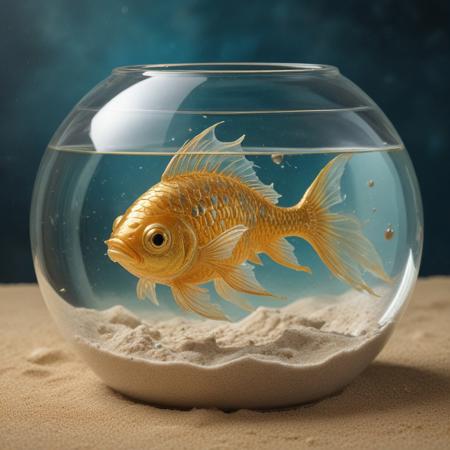 ultra high definition, high impact, professional photograph. A crystal fishbowl, inside a gold fish, looking remarkably like a golden chinese dragon, swims.
iridiscent sand and aquamarine pearls at the botom of the fishbowl
In the background 2 galaxies collide