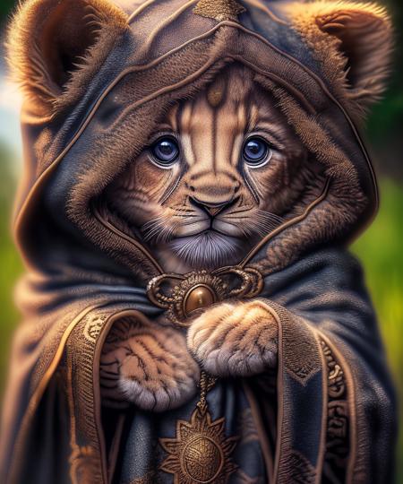 Lion cub, hooded cloak, intricate designs.<lora:fusionart_v3:1>