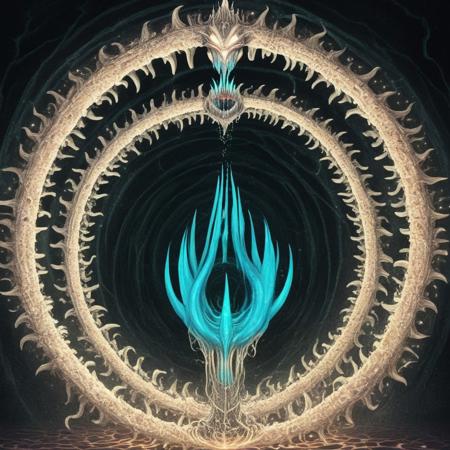 psychic spiral throne constructed from hovering teeth orbiting an invisible force, made_from_teef, molars and fangs floating in elegant synchronicity, levitating bite-crowns, swirling gumroot vortex below the throne, dark void background illuminated with bioluminescent dental veins, glowing psychic mist wrapping the structure, eldritch energy pulses, high detail psychic horror aesthetic, anime + gothic fusion, extreme depth, glowing particles, cinematic symmetry, 32k texture fidelity