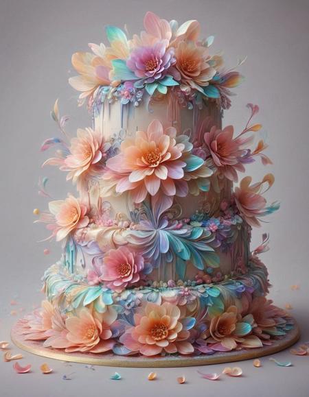wedding cake, p1nk1r1fl0wers, made out of iridescent flower petals, high quality, masterpiece <lora:PinkieIriFlwrsSDXL:1>