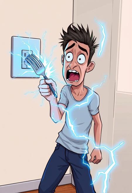 A high-energy digital illustration of a person recklessly sticking a metal fork into an electrical socket and getting violently shocked. The moment of impact is captured with bright, jagged blue and white electricity surging from the socket, engulfing their hand and traveling up their arm. Their body tenses with the force of the shock, hair standing on end as if caught in an electrical surge. Their face is frozen in a mix of shock and regret, eyes wide and mouth slightly agape. The background is a simple indoor setting, with a standard wall outlet near the floor on a neutral-colored wall. The lighting in the room remains normal, except for the intense glow of the electrical discharge, which casts sharp, flickering shadows, emphasizing the chaotic energy of the moment.
