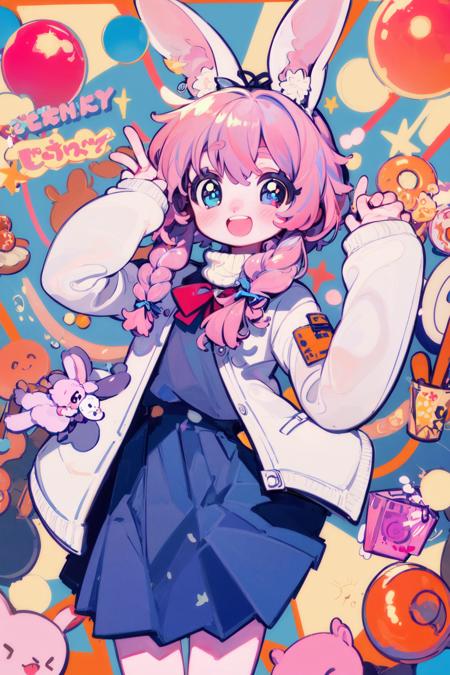 masterpiece, best quality, extremely detailed, detailed background, detailed face, 1girl, heterochromia, skirt, pink hair, scarf, blue eyes, braid, twin braids, animal ears, smile, rabbit ears, food, pleated skirt, rabbit, red eyes, open mouth, solo, long sleeves, doughnut, blue skirt, bangs, long hair, white shirt, shirt, :d, looking at viewer, teeth, jacket, confetti, bow, fake animal ears, >_<, upper teeth only, ribbon, open clothes, white jacket, sleeves past wrists, heart