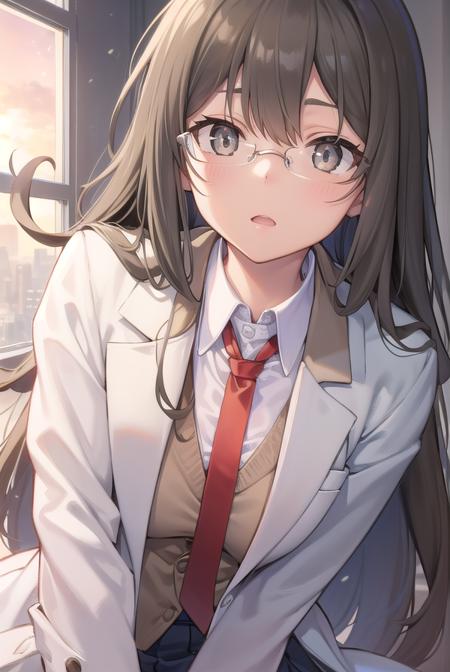 riofutaba, <lora:riofutabatest:1>,
rio futaba, black-framed eyewear, (brown eyes:1.7), glasses, (grey hair:1.5), hair between eyes, over-rim eyewear, semi-rimless eyewear, long hair, sidelocks,
BREAK blazer, blue skirt, brown jacket, coat, collared shirt, jacket, lab coat, long sleeves, miniskirt, necktie, open clothes, open coat, pleated skirt, red necktie, school uniform, shirt, skirt, undershirt, (white coat:1.5), white shirt,
BREAK looking at viewer,
BREAK indoors, classroom,
BREAK <lora:GoodHands-vanilla:1>, (masterpiece:1.2), best quality, high resolution, unity 8k wallpaper, (illustration:0.8), (beautiful detailed eyes:1.6), extremely detailed face, perfect lighting, extremely detailed CG, (perfect hands, perfect anatomy),