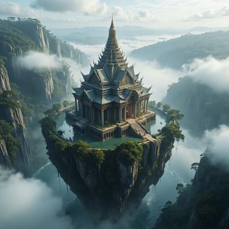 Fantasy style. Fantasy dreamlike art.

Above an island shrouded in mist and surrounded by water, a grand temple floats in the air. Overhead drone view. Looking down into the valley.

<lora:Impossible01_CE_XL_200-OT:0.4> impsbleCE_style
