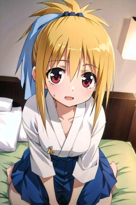 (1girl), masterpiece, best quality, absurdres, cute, extremely detailed face, perfect lighting, (bedroom), chiba kirino, blonde hair, ponytail, hair bow, <lora:model-BambooBlade-Chiba_Kirino:0.8>, japanese clothes, hakama,