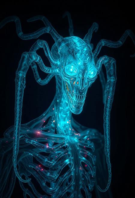 Masterpiece, a bioluminescence translucent clepto-parasitism/humanoid, 32k, 16k, 8k, cinematic art, realistic art, detail,