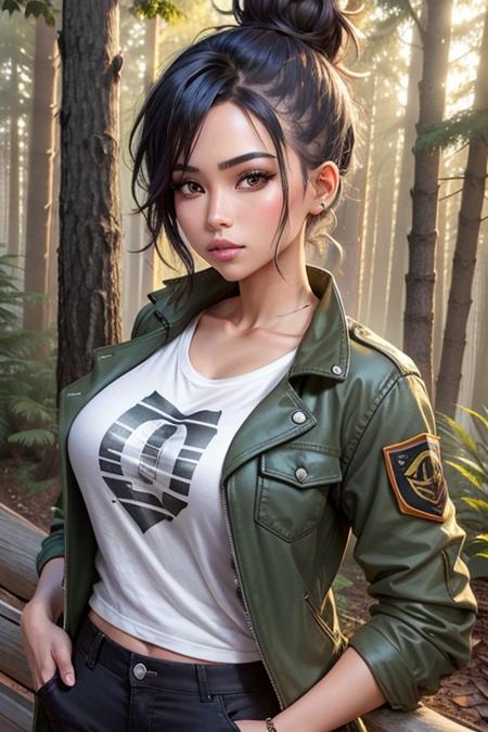 photo of a beautiful woman, wearing a combat jacket, (t-shirt), and pants, ((hair in messy bun)), juli4_ke11y, forest background, portrait, close-up