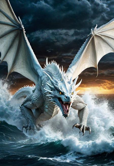A riveting cinematic scene of a majestic white-coated dragon, roaring fiercely while protecting its eggs. The dragon's eyes glisten with determination, and its wings are spread wide, ready to take flight. The stormy sea, with massive waves crashing around, creates a dramatic and atmospheric setting. The night sky is filled with dark clouds, and the overall ambiance is intense and epic.