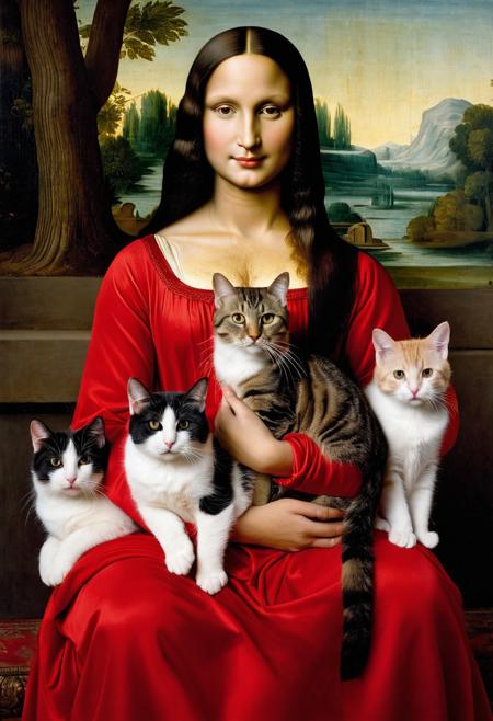 add_detail, masterpiece, Mona Lisa Wearing red Clothes Holding Many Cats