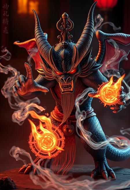 A photo realistic evil Chinese mythological demon creature casting spells with glowing magical chines symbols