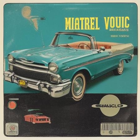 A retro album cover art with a vintage image of a car and retro typography, in the style of rock music.