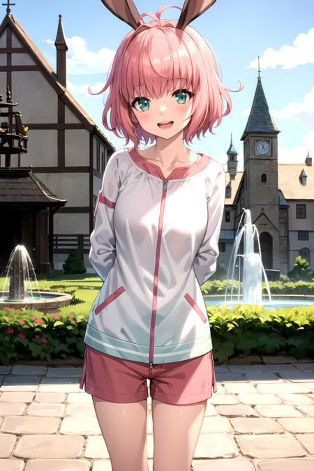 best quality, (masterpiece:1.2), detailed,
<lora:chara_IsekaiMaou_Sylvie_v1:0.7>, sylvie isekaimaou,
light blush, smile, open mouth, teeth, (adult:1.4), (mature:1.2),
pink hair, short hair, green eyes, rabbit ears, medium breasts,
white jacket, pink shorts,
standing, head tilt, hands behind back, looking at the viewer,
outdoors, fountain, medieval, buildings, stone