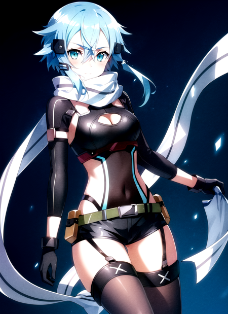 bunbun <lora:bunbun_offset:1>, masterpiece, best quality, sinon, 1girl, aqua hair, bare hips, belt, black gloves, black shorts, breasts, cleavage, clothing cutout, covered navel, gloves, green eyes, grey belt, holographic interface, holographic monitor, leotard, medium breasts, scarf, science fiction, short hair, short shorts, shorts, solo, thighs