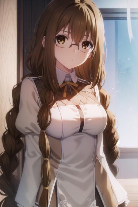 toukatoudou, <lora:touka toudou s1-lora-nochekaiser:1>,
touka toudou, long hair, brown hair, very long hair, braid, twin braids, glasses, (brown eyes:1.5), ahoge,
BREAK skirt, long sleeves, school uniform, juliet sleeves,
BREAK indoors, classroom,
BREAK looking at viewer, (cowboy shot:1.5),
BREAK <lyco:GoodHands-beta2:1>, (masterpiece:1.2), best quality, high resolution, unity 8k wallpaper, (illustration:0.8), (beautiful detailed eyes:1.6), extremely detailed face, perfect lighting, extremely detailed CG, (perfect hands, perfect anatomy),