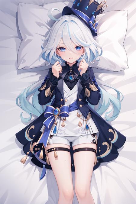 1girl, furina \(genshin impact\), heterochromia, top hat, blue jacket, short shorts, thigh strap, waist cape, looking at viewer, glaring, blush, tears, lying, bed sheet, hands up