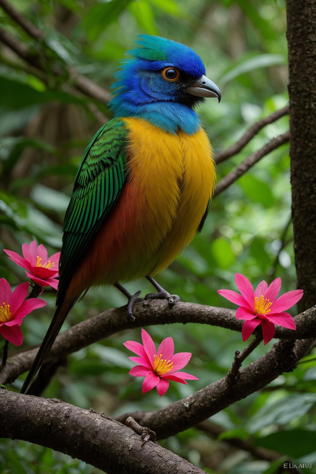 Colorful Parrot Perched on Tree Branch with Pink and Yellow Flowers
