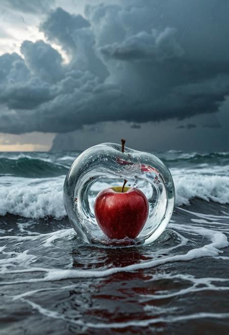 Stable_Yogis_PDXL_Positives
 Imagine a photograph capturing an extraordinary and surreal subject: a transparent apple, crystal clear and perfectly formed, revealing a highly detailed, tumultuous miniature sea raging within. The apple sits boldly in the center of the frame, its smooth, glass-like surface reflecting light and offering a window into the dynamic scene inside. Within, the stormy sea is a marvel of miniaturization - tiny waves crest and crash with realistic ferocity, and if one looks closely, minute flashes of lightning and swirls of wind can be discerned, adding to the tempest's drama. The background of the photo is intentionally simple, perhaps a soft, neutral color or a subtle gradient, ensuring that all attention is drawn to the striking contrast between the serene exterior of the apple and the wild, chaotic seascape it contains. The lighting is key, illuminating the apple in a way that highlights the intricate details of the storm inside while maintaining the overall clarity and impact of the image.