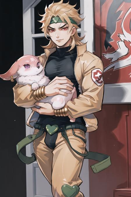 Highly detailed, High Quality, Masterpiece, beautiful, YaeMikoFox, <lora:YaeMikoFox:1>, dio, jacket, pants, headband,  <lora:Char_Sigmas_Dio:0.9>, holding, holding animal