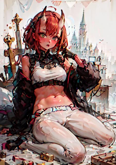 masterpiece, best quality, 1girl, stubby horns, loungewear, short hair, ruby eyes, copper hair, :o, tan skin, two-tone background, fantasy of terror   <lora:stubby_horns:0.8>