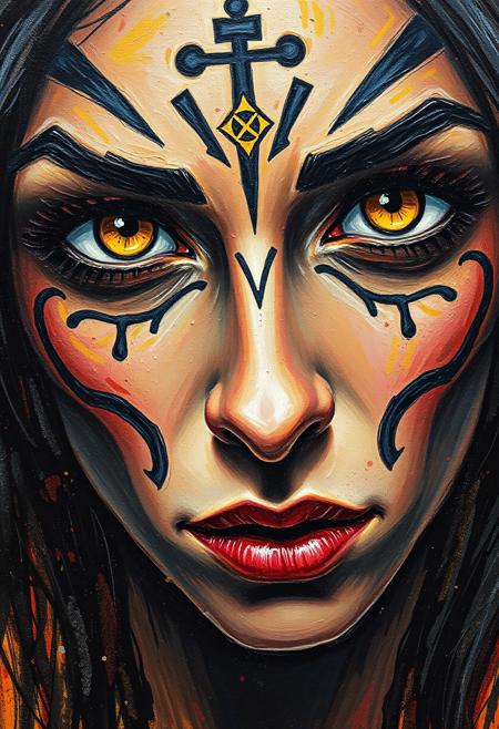 Impressionist crayon painting by Russ Mills, a close up portrait of woman's face, tattooed face, occult signs, yellow lively eyes, egyptcore, splash art, energetic brush strokes, gloomycore, extremely best quality, awarded masterpiece, octane render, Highest-Quality, 8 k, intricate details, visually stunning, Masterpiece
