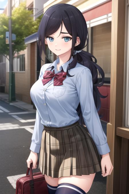 Mita Hikari long hair,black hair,low ponytail,sidelocks,side swept bangs,aqua eyes school uniform,red bowtie,white shirt,collared shirt,emblem,long sleeves,large breasts,skindentation,miniskirt,brown skirt,plaid skirt,pleated skirt,blue thighhighs,zettai ryouiki,loafers