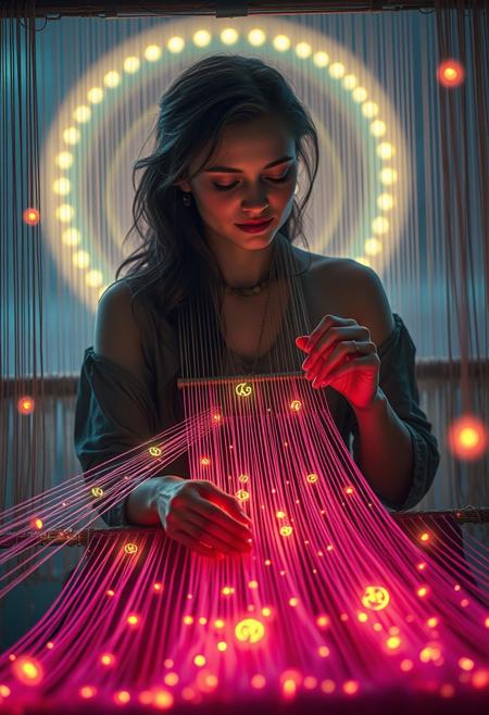 Create a surreal, dreamlike scene of a woman sitting at a loom, weaving a tapestry of memories. The loom is surrounded by a halo of soft, pulsing light, and the threads of the tapestry are made up of glowing, iridescent fibers that seem to shift and change color as they are woven. The woman's face is serene and intent, her eyes closed as she focuses on the weaving. Her hands are manipulating the threads, which are connected to distant events and people, shaping the course of history. Incorporate subtle, glowing symbols or patterns to the threads or the loom to enhance the sense of mysticism and wonder. Use vibrant, glowing colors and subtle, pulsing effects to bring the threads to life. The atmosphere should be dreamy and ethereal, with a sense of depth and mystery. Style: surreal, dreamlike, mystical. Colors: vibrant, glowing, iridescent. Highest-Quality, 4k