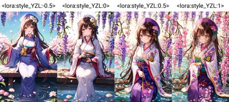 1girl, bangs, blush, branch, brown_eyes, brown_hair, camellia, cherry_blossoms, daisy, eyebrows_visible_through_hair, floating_hair, floral_background, floral_print, flower, flower_\(symbol\), frills, hair_flower, hair_ornament, hakama, hakama_skirt, hanami, hat_flower, holding_flower, hydrangea, in_tree, japanese_clothes, kimono, lily_\(flower\), lily_pad, long_hair, long_sleeves, looking_at_viewer, lotus, marker_\(medium\), outdoors, painting_\(medium\), petals, pink_flower, pink_hair, pink_theme, plum_blossoms, purple_flower, ribbon, sakura_miku, sitting_in_tree, skirt, solo, spring_\(season\), standing, tears, traditional_media, tree, very_long_hair, watercolor_\(medium\), white_flower, wide_sleeves, wisteria <lora:style_YZL:-0.5>