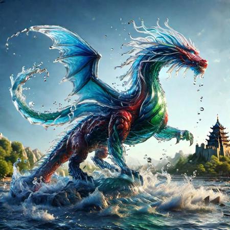 photo realistic, hyper detailed 8k A (((huge))) dragon made out of water, and fire with ((red and green scales:1.3)) with deep blue wings ((flying over a chinese castle:1.2)),   watce, bubbles, high contrast, hdr