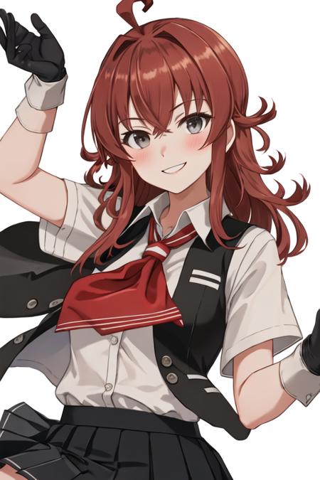 best quality, masterpiece, highres, solo, {arashi_kantaicollection:1.15}, red_hair, ahoge, messy_hair, blush, vest, breasts, 1girl, blouse, looking_at_viewer, neckerchief, pleated_skirt, school_uniform, shirt, short_sleeves, simple_background, skirt, white_shirt, black_skirt, black_vest, grey_eyes, kerchief, white_gloves, gloves, white_background, red_neckerchief, smile