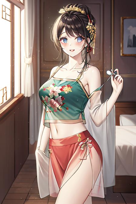  <lora:diaodai_v0.5-mix:1>diaodai,diaodai,crop top,navel, midriff,see-through, camisole,collarbone, bare shoulders,indoors, bedroom