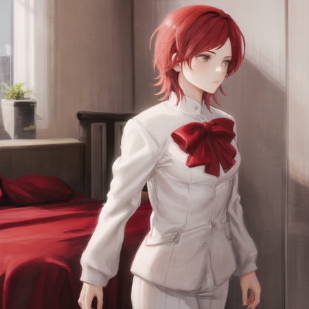 SolaUi a digital painting of a girl with red hair wearing all white, red satin jacket and a red bow, 1girl, solo, short hair, red hair, indoors, room background, sitting, a digital painting of a girl with red hair wearing all white, red satin jacket and a red bow, 1girl, solo, short hair, red hair, indoors, room background,