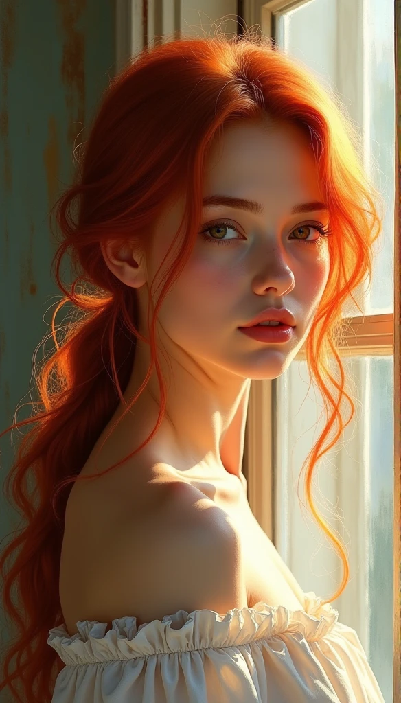 Highly detailed, realistic painting of a young woman in her bedroom, soft red hair cascading down her back, morning light streaming through the window behind her. Inspired by the works of John Singer Sargent and Edgar Degas. (Close-up shot), intricate details capturing the delicate features of the woman's face and hair, oil painting style with vibrant colors and soft lighting.