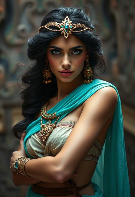 Disney princess Jasmine as a warrior princess, partial nudity, extremely erotic, sexy, hot, sensual, Low saturation photography, vintage, grunge, top hard light