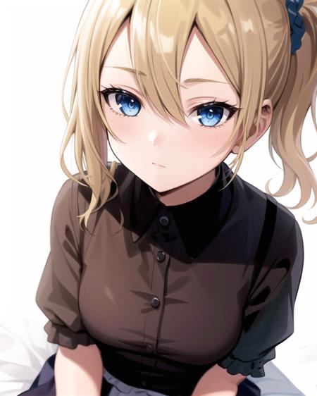 best quality,highly detailed,masterpiece,ultra-detailed,solo,1girl,white background,delicate eyes,hayasaka_ai,full body,blue_scrunchie, short hair,blue_eyes,hair_between_eyes, side_ponytail,(blonde_hair:1.2),sidelocks,wariza,bored